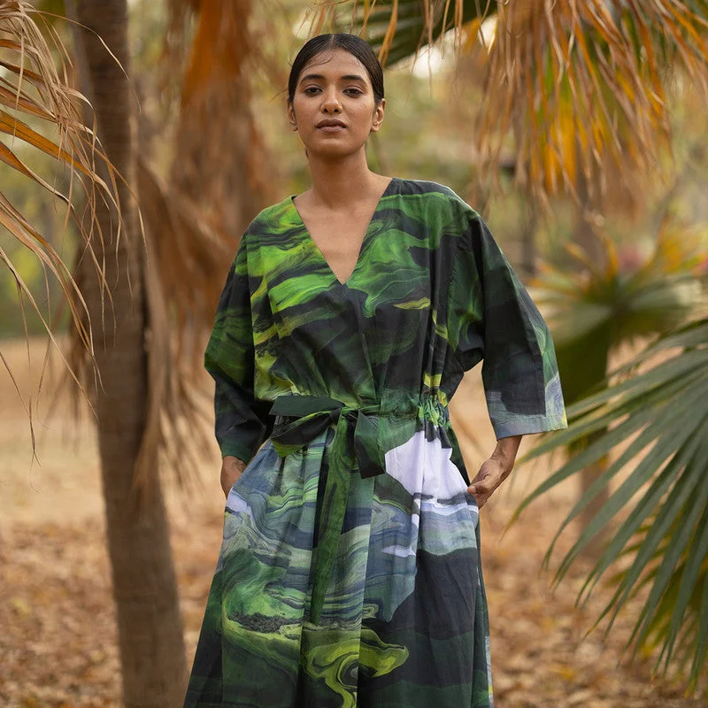 Upcycled Cotton Printed Dress for Women | Green | Oversized