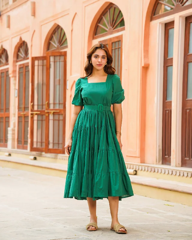 Emerald Green Solid Tiered Dress