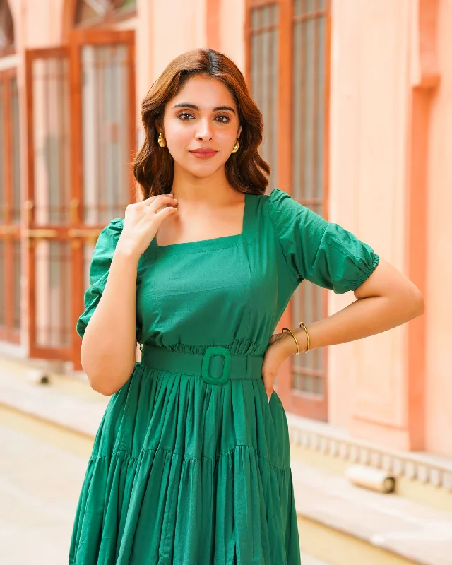 Emerald Green Solid Tiered Dress