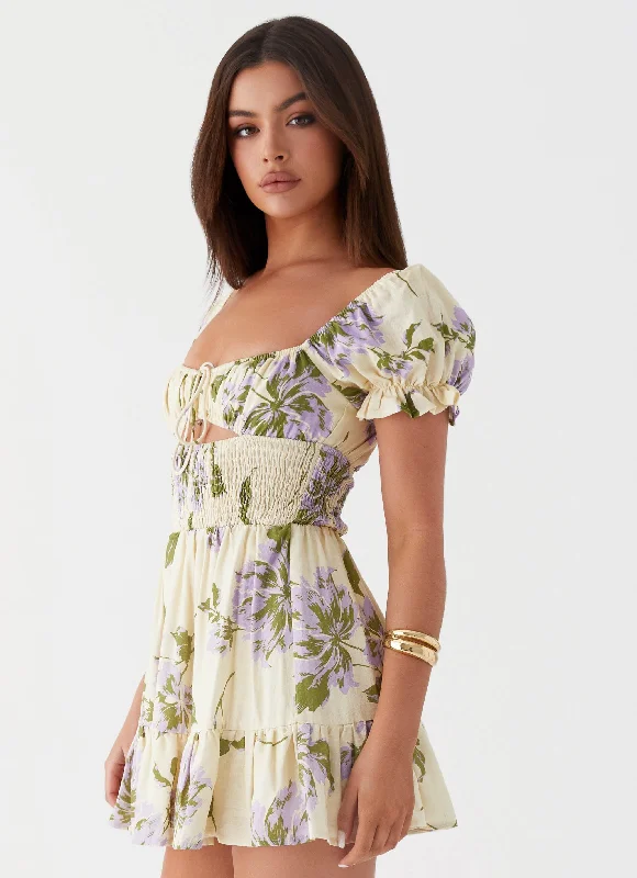 Every Reason Linen Mini Dress - Yellow Purple Floral