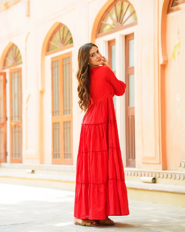 Fiery Red Solid & Tiered Dress