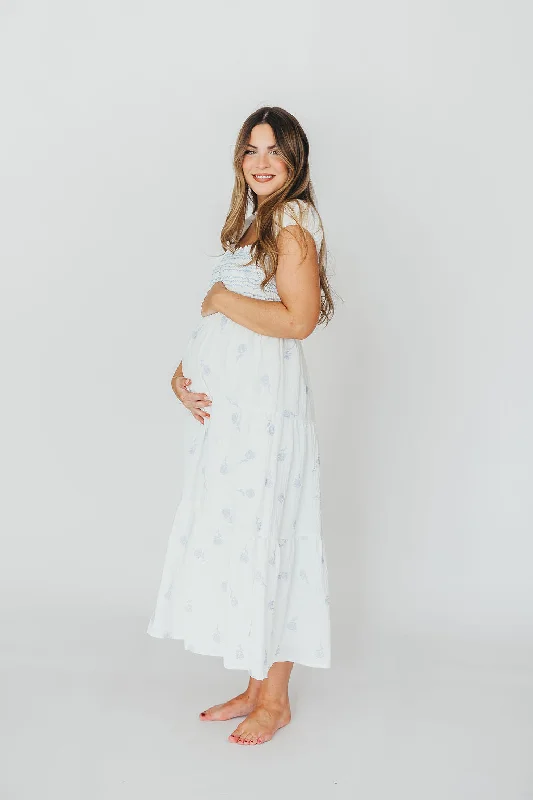 Hayden Midi Dress in White/Blue Floral