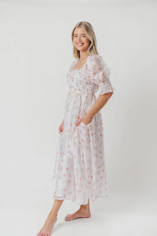 Rebecca Joy Smocked Midi Dress in Pink Roses - Bump Friendly & Inclusive Sizing (S-3XL)