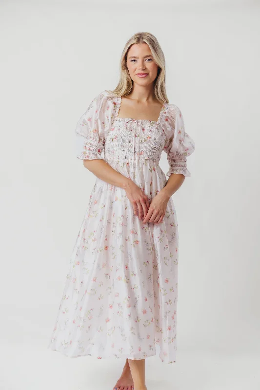 Rebecca Joy Smocked Midi Dress in Pink Roses - Bump Friendly & Inclusive Sizing (S-3XL)