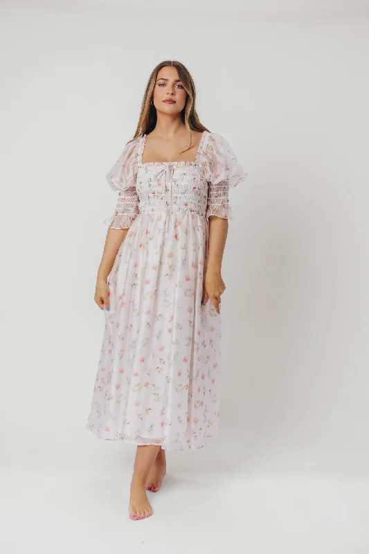 Rebecca Joy Smocked Midi Dress in Pink Roses - Bump Friendly & Inclusive Sizing (S-3XL)