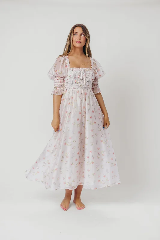 Rebecca Joy Smocked Midi Dress in Pink Roses - Bump Friendly & Inclusive Sizing (S-3XL)