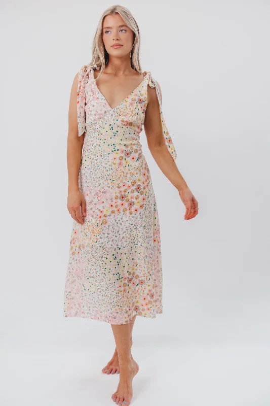 Rory Sleeveless Shoulder Tie Midi Dress in Floral Multi