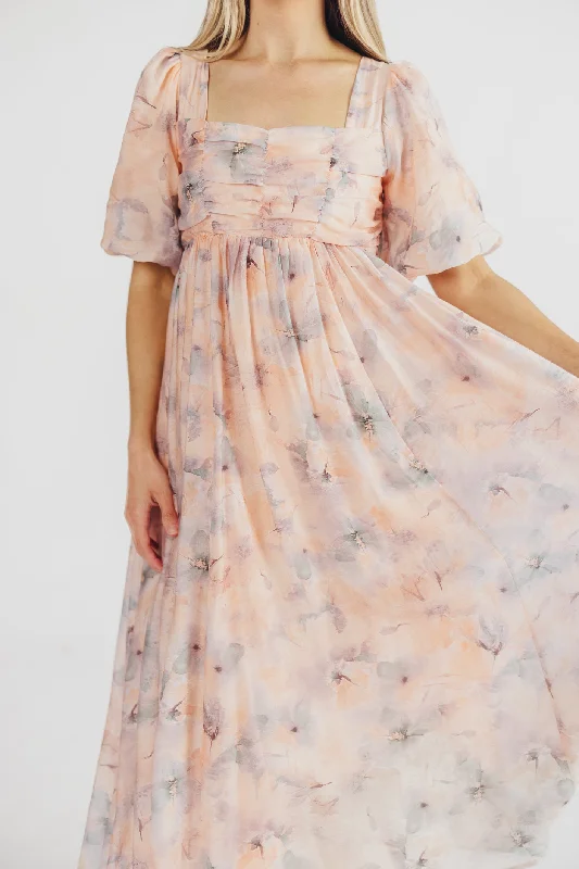 Eden Watercolor Midi Dress in Apricot/Blue Floral