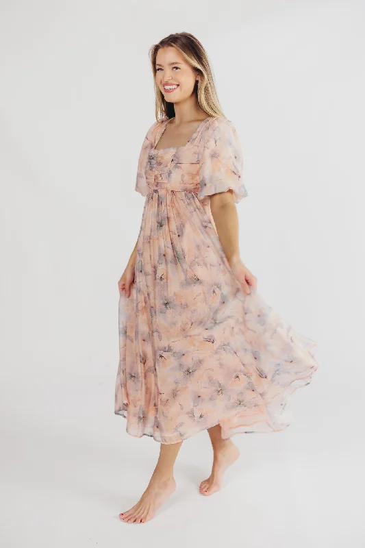 Eden Watercolor Midi Dress in Apricot/Blue Floral