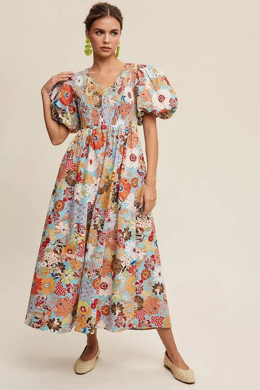 Flower Print Smocked V-neck Puff Sleeve Maxi Dress NEW