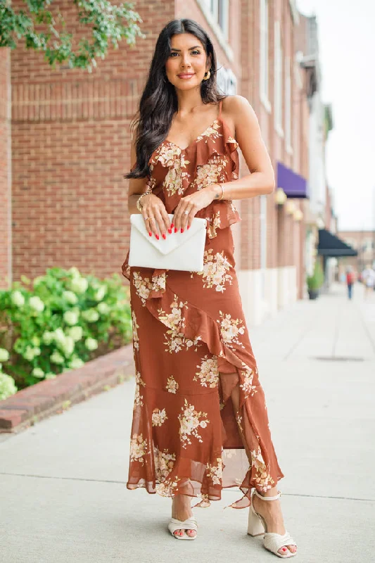 Goes Both Ways Brown Ruffle Detail Floral Midi Dress