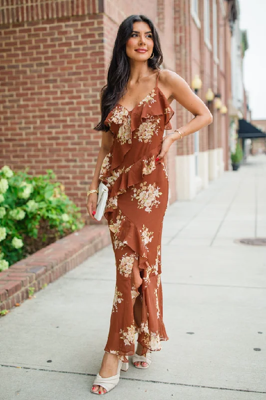 Goes Both Ways Brown Ruffle Detail Floral Midi Dress