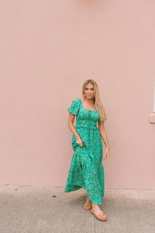 Green Print Puff Sleeve Tiered Maxi Dress - FINAL SALE