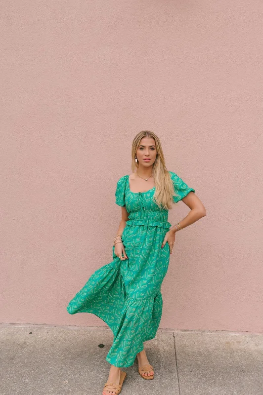 Green Print Puff Sleeve Tiered Maxi Dress - FINAL SALE