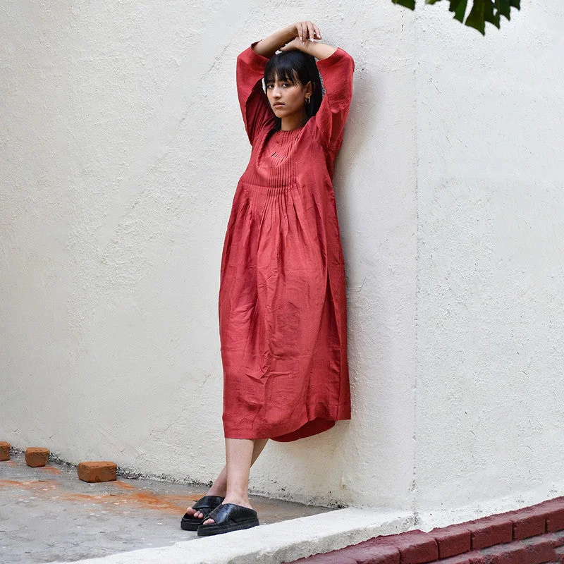 Mulberry Silk Pleated Dress with Slip | Red