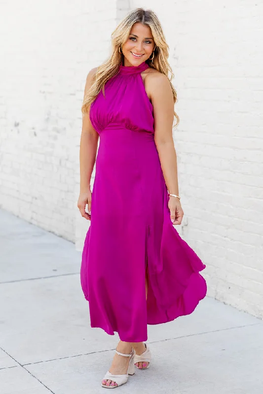 Hard To Ignore Hot Pink Satin Mock Neck Midi Dress