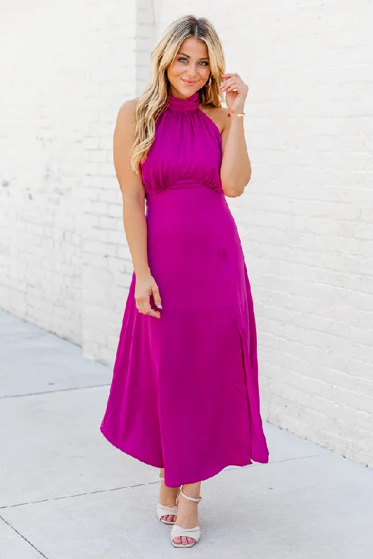 Hard To Ignore Hot Pink Satin Mock Neck Midi Dress