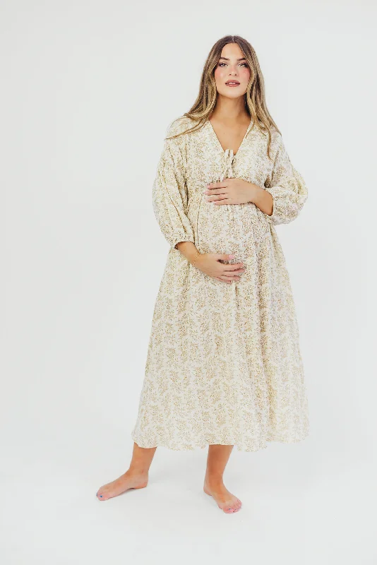 Hunter 100% Cotton Gauze Midi Dress in Natural/Tan Floral - Bump Friendly and Inclusive Sizing