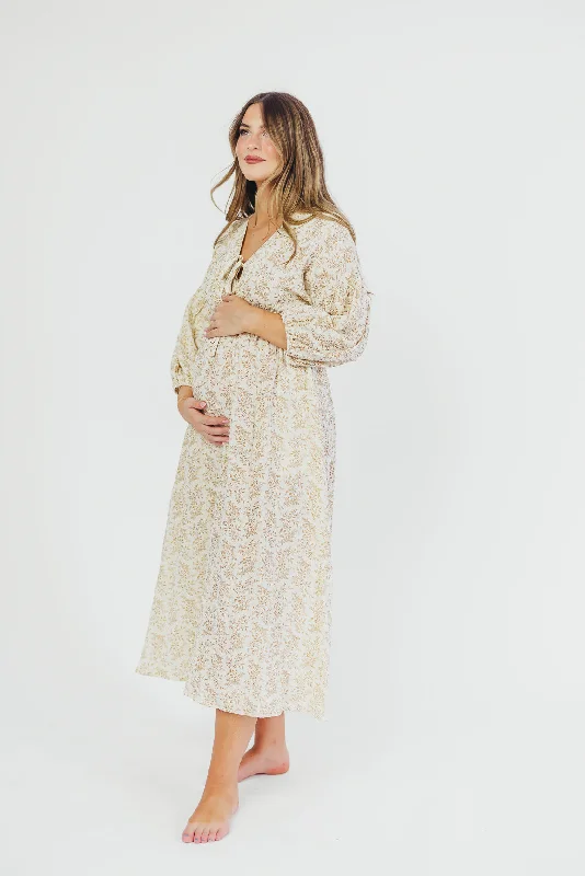 Hunter 100% Cotton Gauze Midi Dress in Natural/Tan Floral - Bump Friendly and Inclusive Sizing