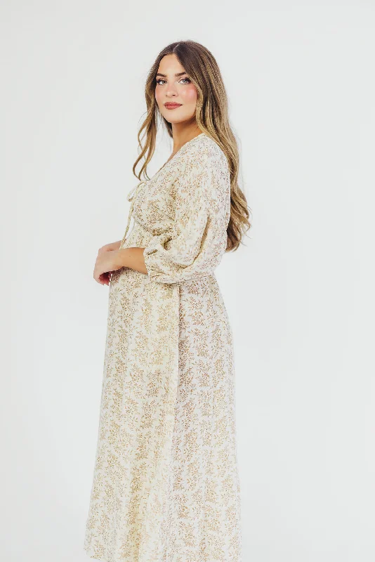 Hunter 100% Cotton Gauze Midi Dress in Natural/Tan Floral - Bump Friendly and Inclusive Sizing