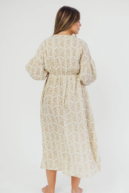 Hunter 100% Cotton Gauze Midi Dress in Natural/Tan Floral - Bump Friendly and Inclusive Sizing