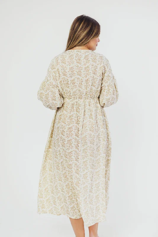 Hunter 100% Cotton Gauze Midi Dress in Natural/Tan Floral - Bump Friendly and Inclusive Sizing