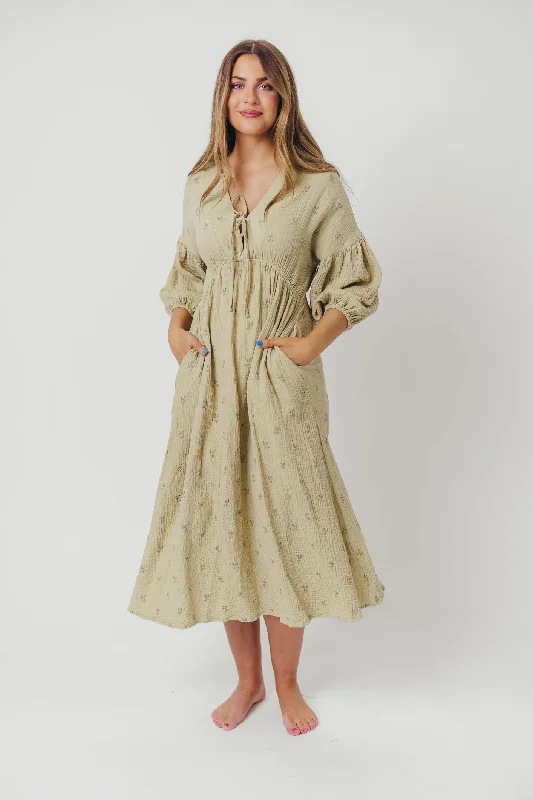 Hunter 100% Cotton Gauze Midi Dress in Thyme/Sage Foliage - Bump Friendly and Inclusive Sizing