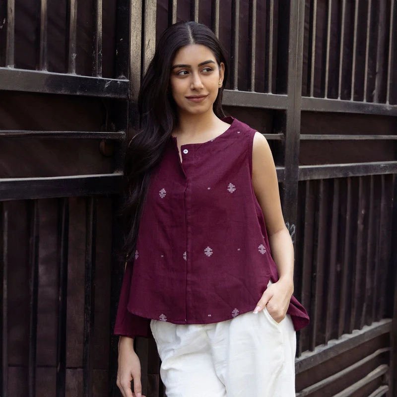 Jamdani Cotton Shirt for Women | Wine | Sleeveless