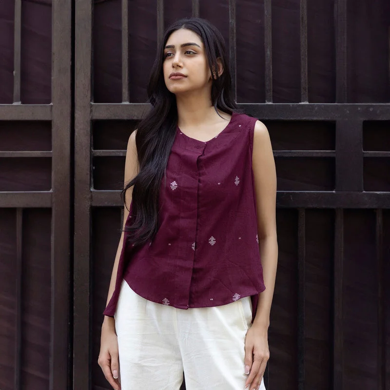 Jamdani Cotton Shirt for Women | Wine | Sleeveless