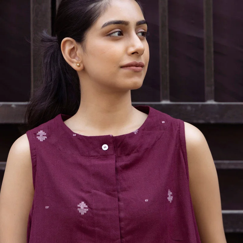 Jamdani Cotton Shirt for Women | Wine | Sleeveless