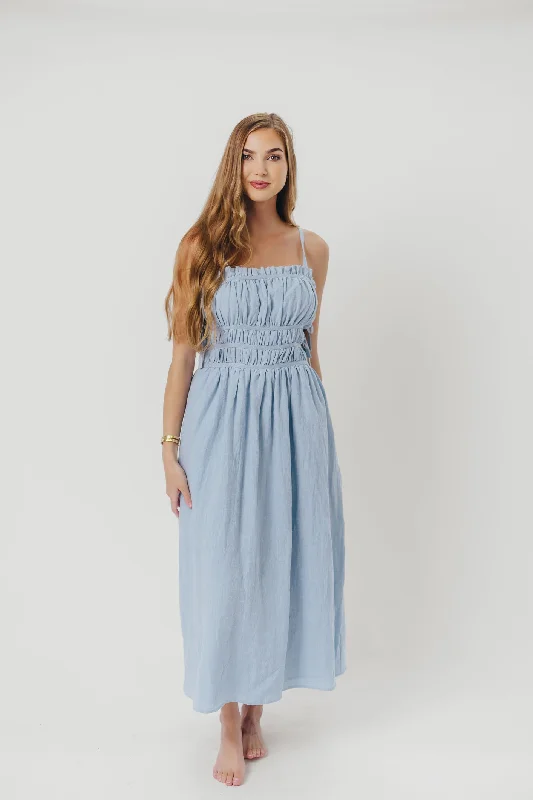 Isla Linen Midi Dress with Ruched Bodice and Side Tie in Light Blue