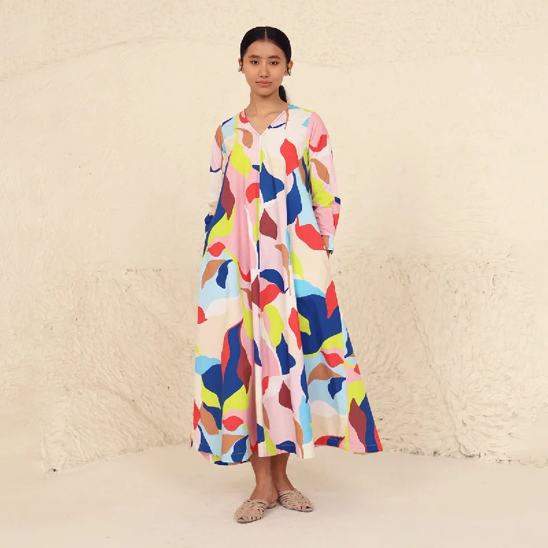 Cotton Poplin A-Line Dress for Women | Printed | V-Neck | Multicolour