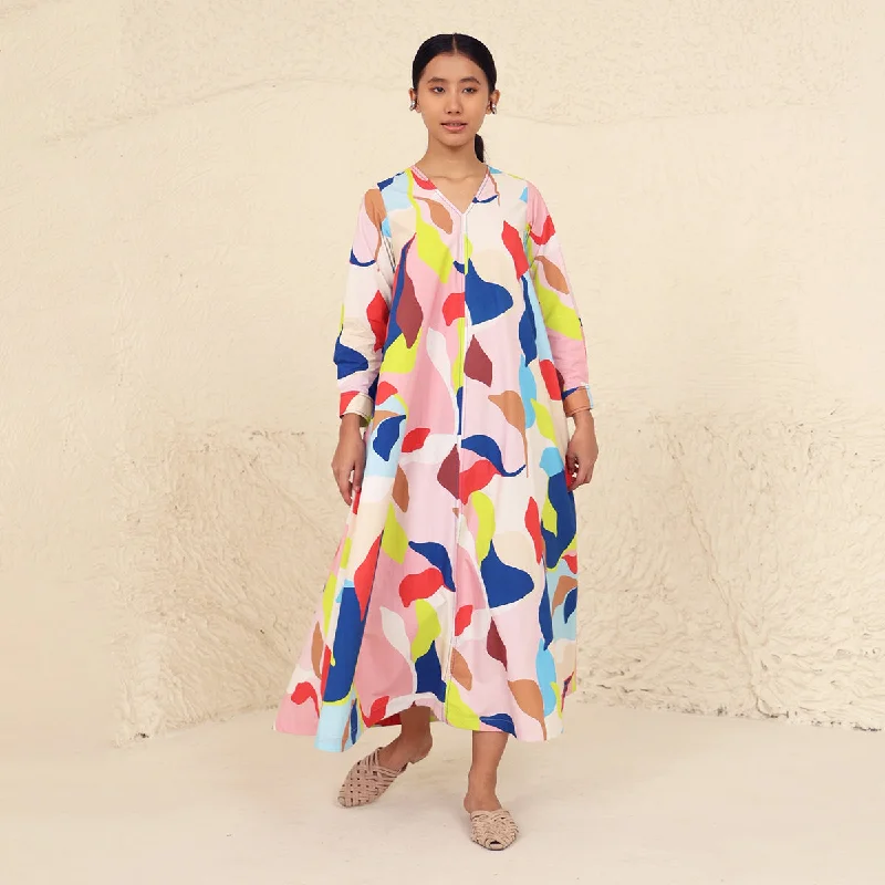 Cotton Poplin A-Line Dress for Women | Printed | V-Neck | Multicolour