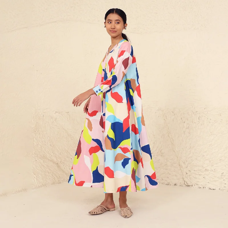 Cotton Poplin A-Line Dress for Women | Printed | V-Neck | Multicolour