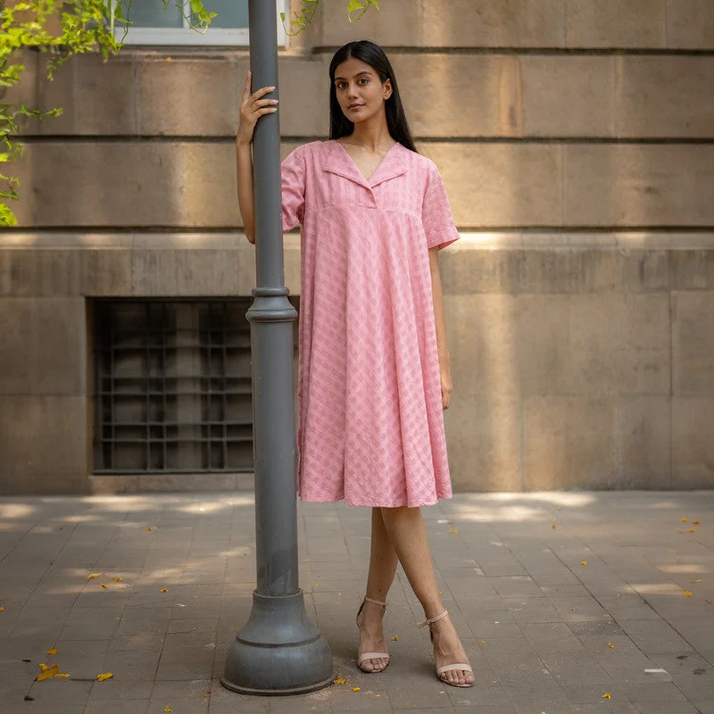 Cotton A-Line Dress for Women | Pink | Checkered