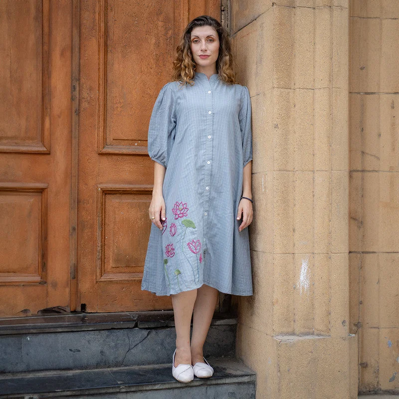 Cotton A-Line Embroidered Dress | Natural Dyed | Grey