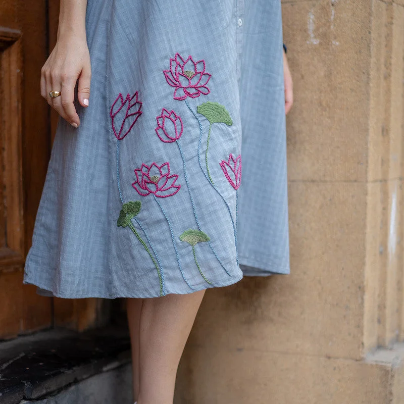 Cotton A-Line Embroidered Dress | Natural Dyed | Grey