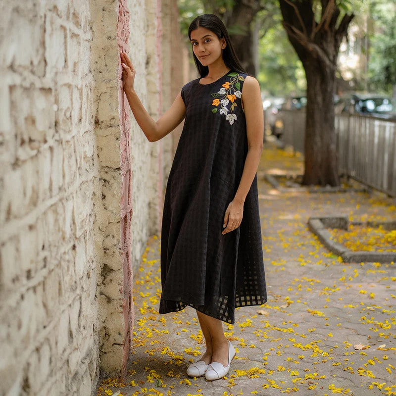 Cotton Black A-Line Dress for Women | Hand Embroidered