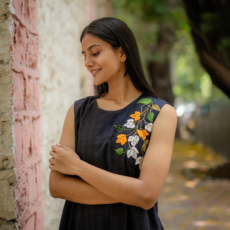 Cotton Black A-Line Dress for Women | Hand Embroidered