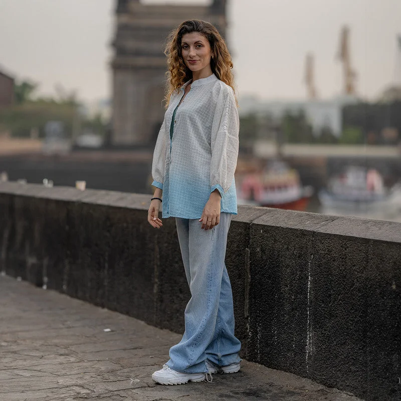 Cotton Ombre Shirt for Women | White & Blue | Hand Embroidered