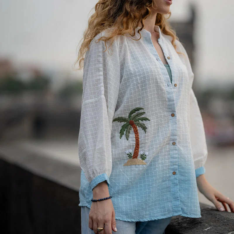 Cotton Ombre Shirt for Women | White & Blue | Hand Embroidered