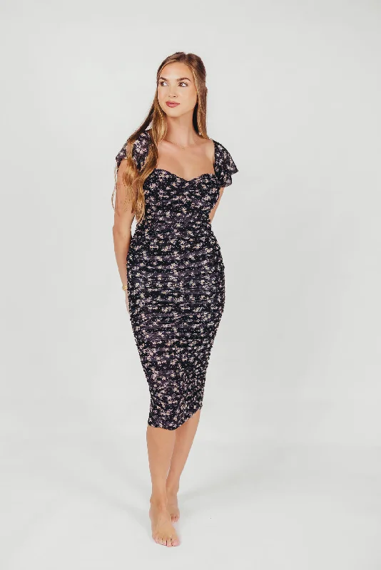 Lilliana Ruched Midi Dress in Navy Floral