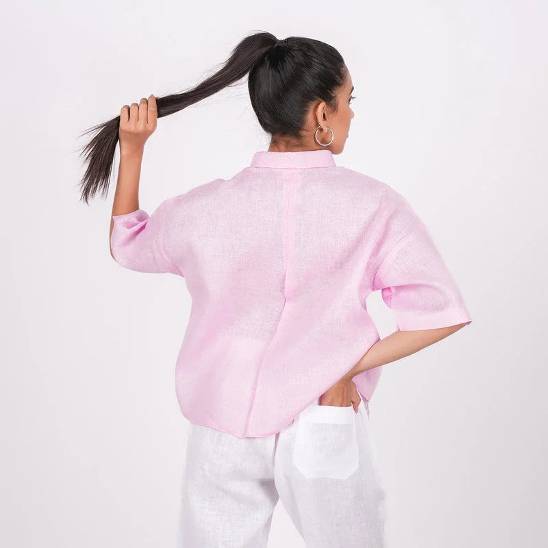 Linen Pink Shirt for Women | Half Sleeves | Drop Shoulder