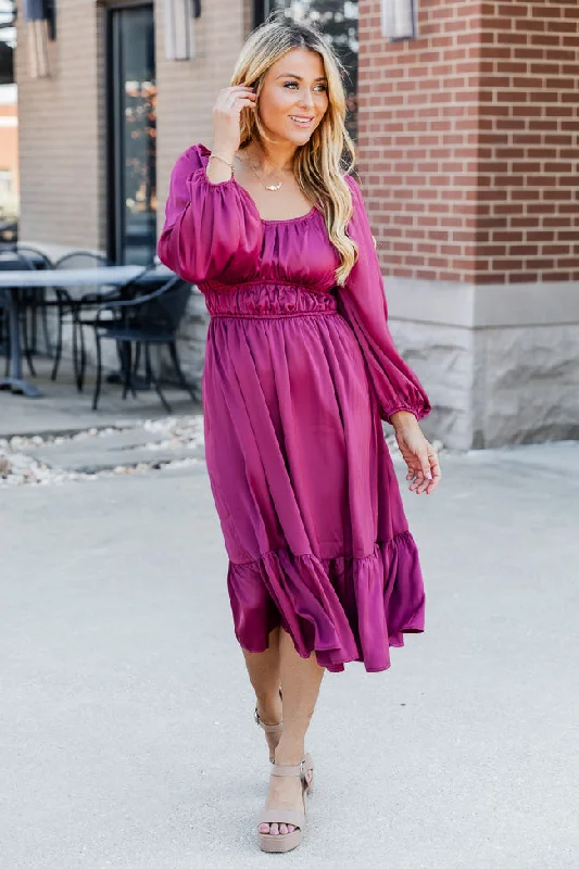 Longing For More Magenta Satin Midi Dress FINAL SALE