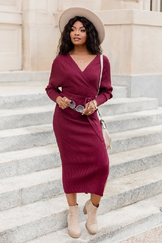 Main Event Wine Midi Wrap Sweater Dress