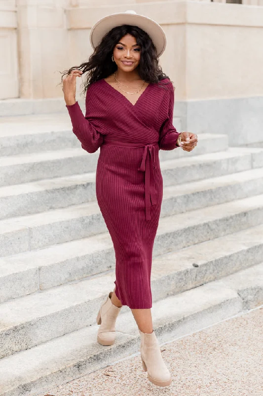 Main Event Wine Midi Wrap Sweater Dress