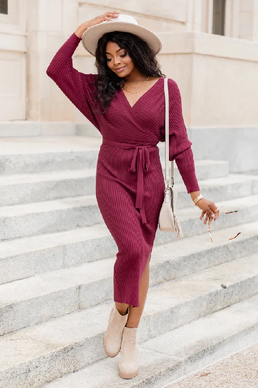 Main Event Wine Midi Wrap Sweater Dress