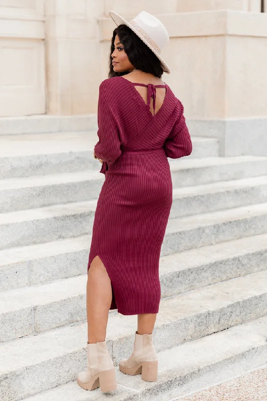 Main Event Wine Midi Wrap Sweater Dress