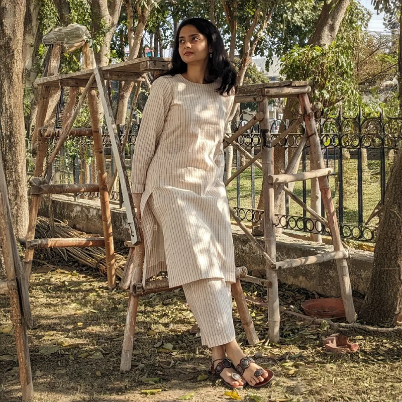 Organic Cotton Co Ord Set for Women | Striped | Rust & Off-White