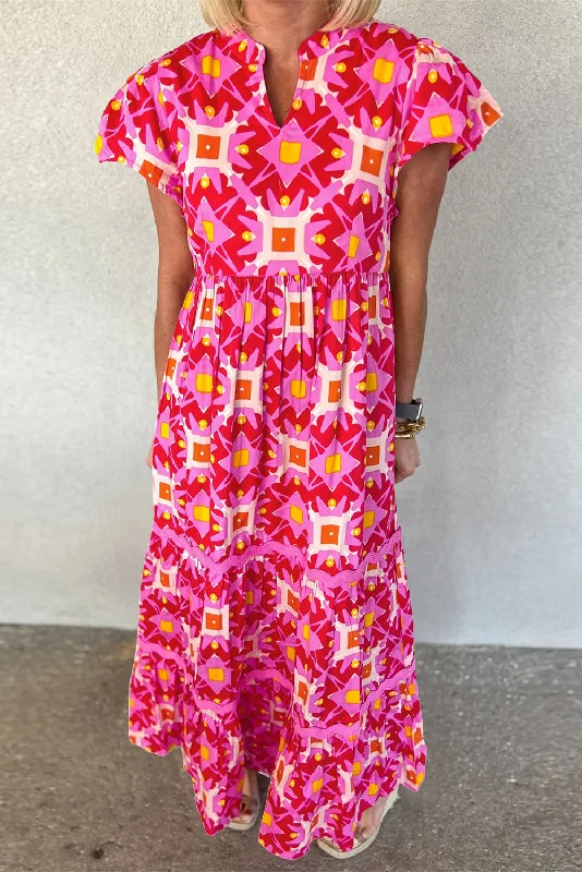 Mastermind Strawberry Pink Abstract Print Pleated Flounce Sleeve Maxi Dress